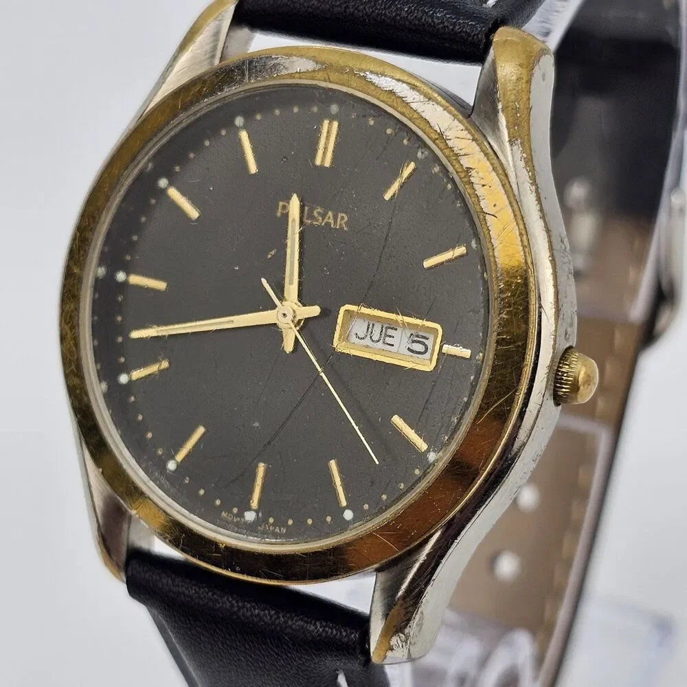 VTG Pulsar Men Watch 38MM Black Dial Dial Day Date New Leather Band New‎ Battery